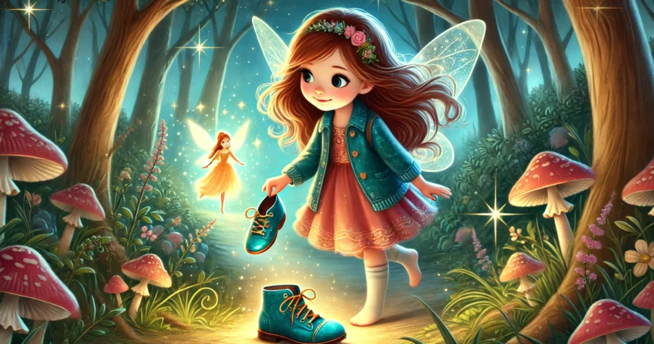 DALL·E 2024 12 13 02.48.17 A magical illustration for children featuring a young girl named Elif walking through a forest at night. She is wearing a pair of shiny blue shoes an