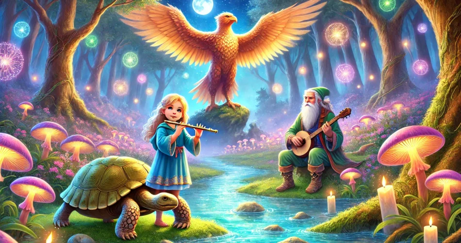 DALL·E 2024 12 13 03.11.01 A magical illustration for children featuring a young girl named Eylul holding a flute in a mystical forest called Sessiz Orman. She is accompanied by