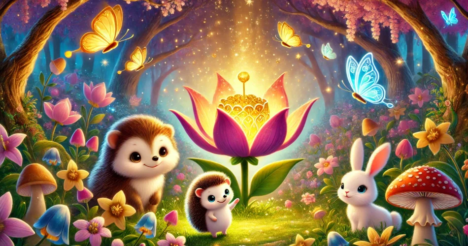 DALL·E 2024 12 13 03.15.12 A magical illustration for children featuring a small hedgehog named Pitircik a bird named Sipidik and a rabbit named Findik in a lush colorful enc