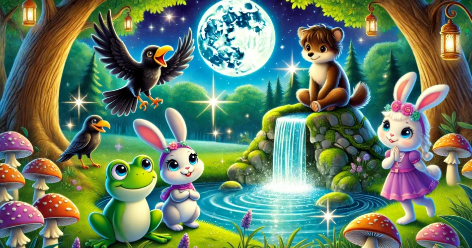 DALL·E 2024 12 13 05.40.48 A whimsical and magical illustration for children featuring a young rabbit named Zuzu a clever crow named Kara a strong deer named Aras and a cheer