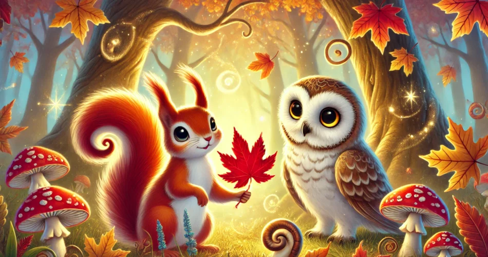 DALL·E 2024 12 17 13.12.31 A magical and whimsical illustration for children featuring a small squirrel named Tuylu and a wise little owl named Duru standing in a glowing forest
