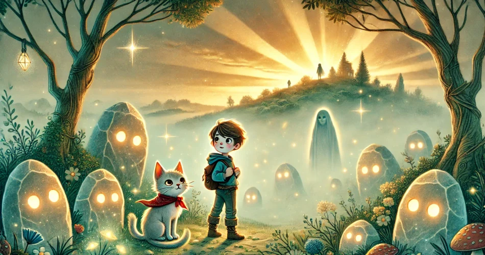 DALL·E 2024 12 17 13.13.38 A magical and whimsical illustration for children featuring a young boy named Efe and his brave cat Cakil standing on a misty hill called Golgeli Tepe