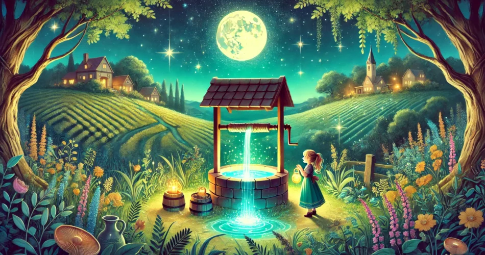 DALL·E 2024 12 18 12.38.03 A magical illustrator style scene showing a glowing well surrounded by lush greenery and moonlight. A young girl stands beside the well holding a myst