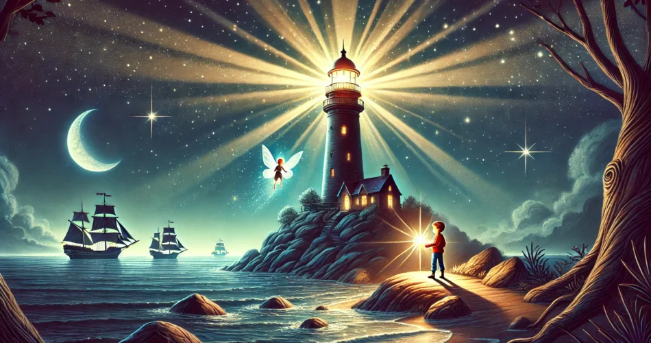 DALL·E 2024 12 18 12.42.51 A magical illustrator style scene of a glowing lighthouse on a rocky shore at night. The lighthouse emits a radiant light that spreads across the dark