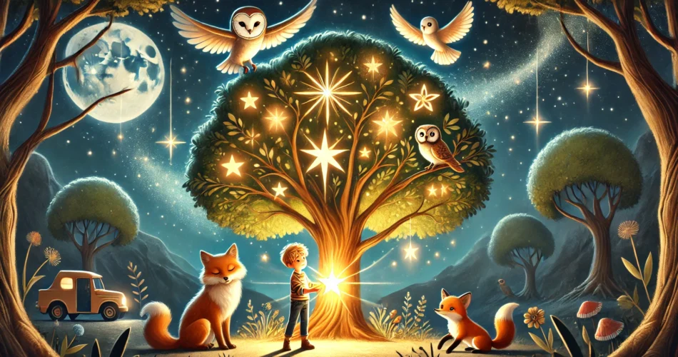 DALL·E 2024 12 18 12.47.36 A magical illustrator style scene of a glowing tree under a starry night sky. A young boy stands beside the tree holding a radiant star in his hands