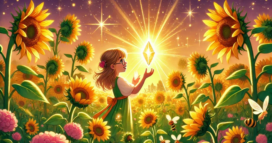 DALL·E 2024 12 19 12.57.10 An enchanting illustrator style scene of a young girl standing in a vibrant sunflower field holding a glowing crystal high in the air. The sunflowers
