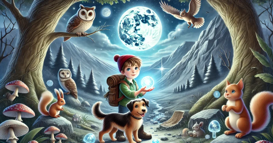DALL·E 2024 12 19 13.03.02 An enchanting illustrator style scene of a young boy and his dog in a magical valley under the moonlight. The boy holds a glowing moonstone surrounde