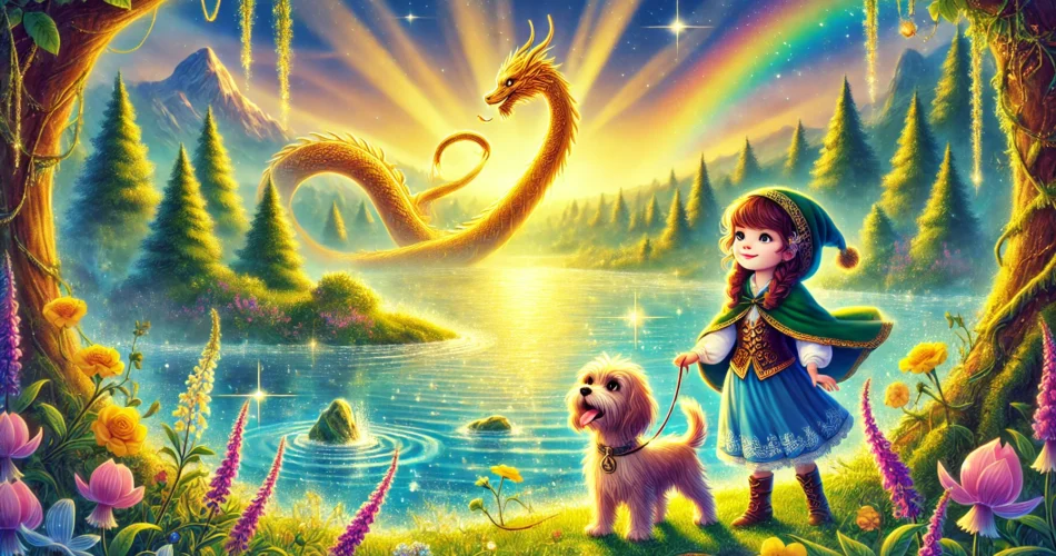 DALL·E 2024 12 22 17.12.12 A magical and whimsical illustration for children featuring a brave girl named Mina and her loyal dog Pati standing by a shimmering lake called Altin