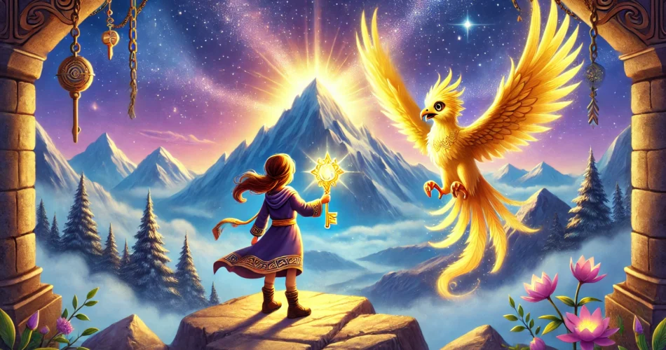 DALL·E 2024 12 22 17.18.35 A magical and adventurous illustration for children featuring a brave girl named Aria and her golden feathered bird Peri standing on a glowing mountai