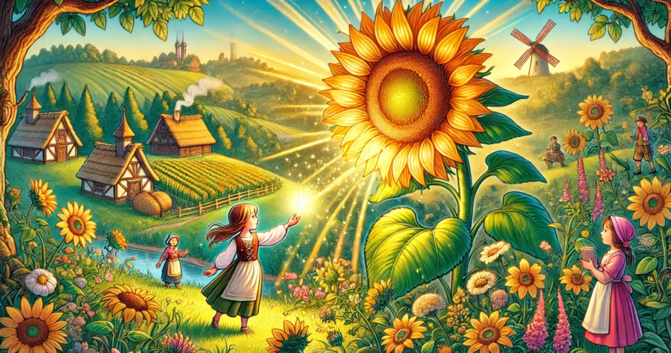 DALL·E 2024 12 23 14.46.50 A detailed illustrator style scene of a glowing golden sunflower on a hilltop surrounded by vibrant greenery and cheerful villagers. A young girl sta