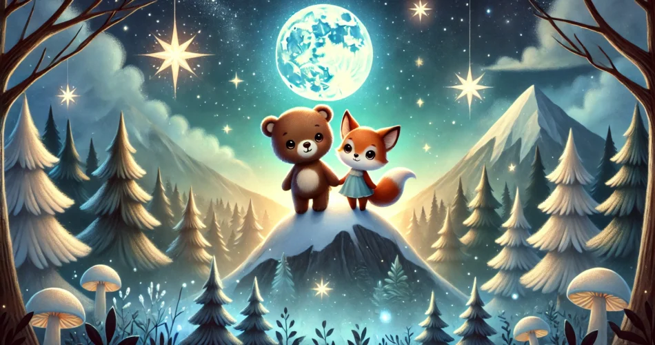 DALL·E 2024 12 23 19.40.08 A magical and whimsical illustration for children featuring a small bear named Minik Ayi and a playful fox standing together on a glowing mountain pea
