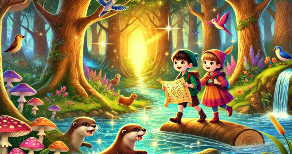 DALL·E 2024 12 24 06.17.37 A vibrant and enchanting illustration of two children a boy and a girl exploring a magical forest with a treasure map. They are crossing a sparkling