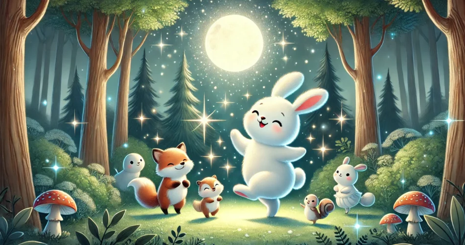 DALL·E 2024 12 24 06.21.58 A magical illustration of a cute white bunny dancing under a glowing moonlight in a serene forest clearing. The bunny is surrounded by other small ani