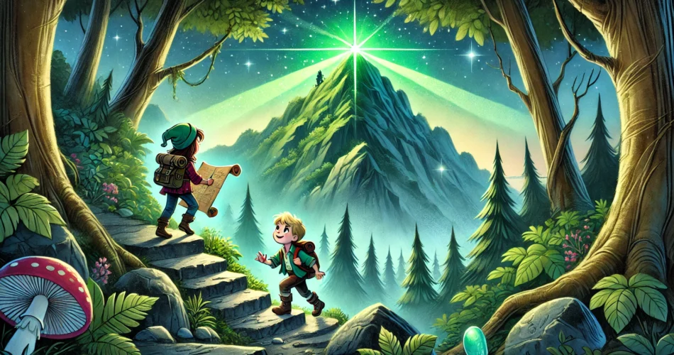 DALL·E 2024 12 24 06.26.08 A magical and adventurous illustration of two children climbing a rocky mountain path surrounded by lush green forests. The girl is leading with a tre