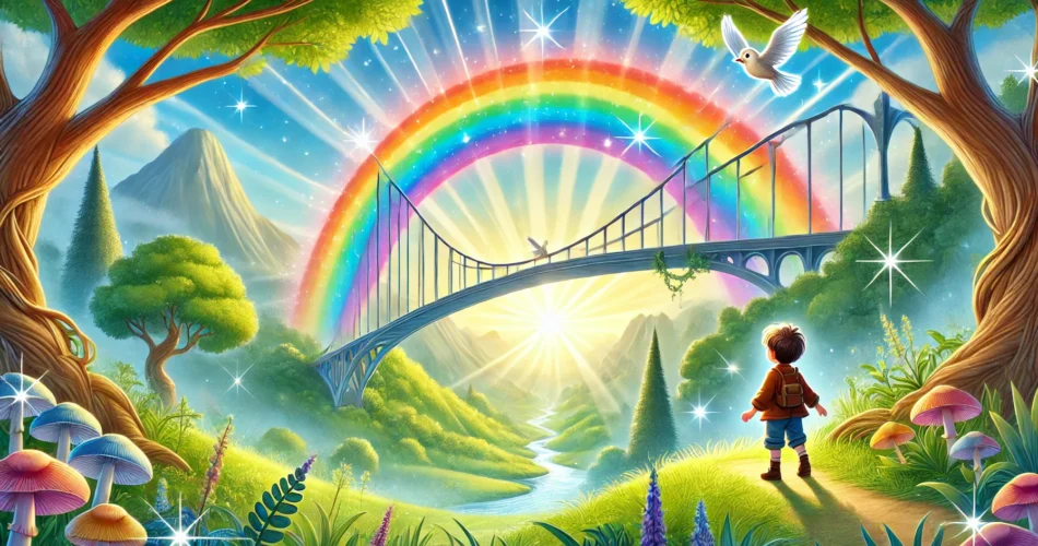 DALL·E 2024 12 24 11.48.51 An enchanting illustrator style scene of a magical rainbow bridge stretching across a vibrant valley. A young boy is standing at the base of the bridg