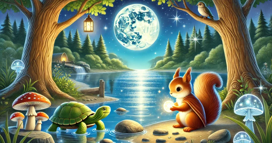 DALL·E 2024 12 24 11.57.29 An enchanting illustrator style scene of a small squirrel near a shimmering silver lake under the moonlight. The squirrel is holding a glowing stone