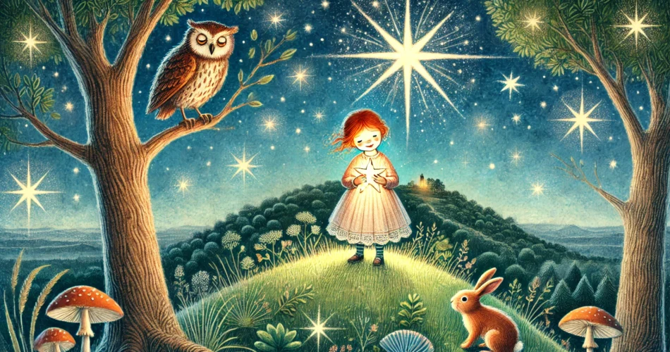 DALL·E 2024 12 24 12.05.44 An enchanting illustrator style scene of a young girl on a hilltop at night holding a glowing star in her hands. A wise owl watches from a tree branc