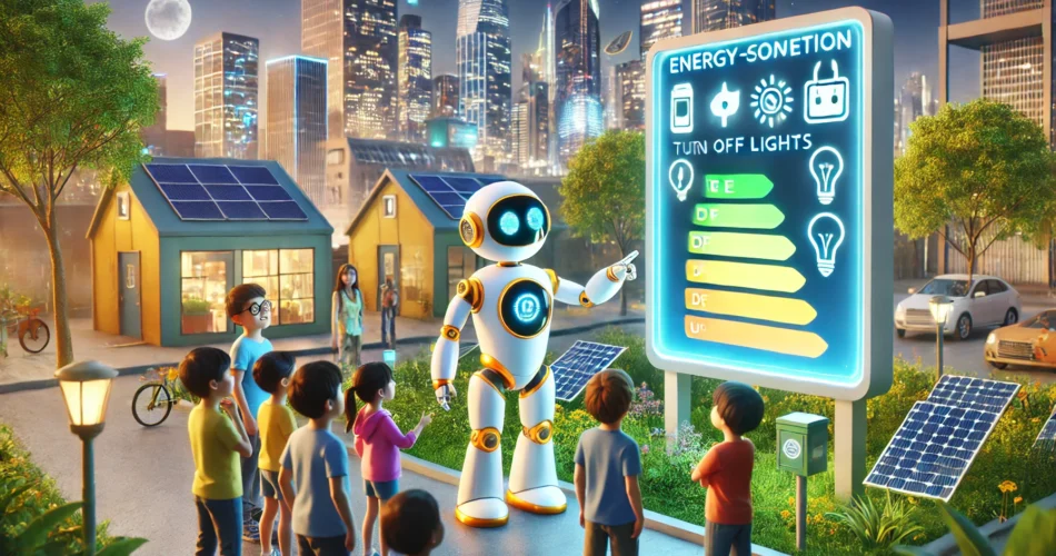 DALL·E 2024 12 24 21.42.12 A futuristic and vibrant city with a small robot teaching a group of children about energy conservation. The robot is pointing to a glowing chart show