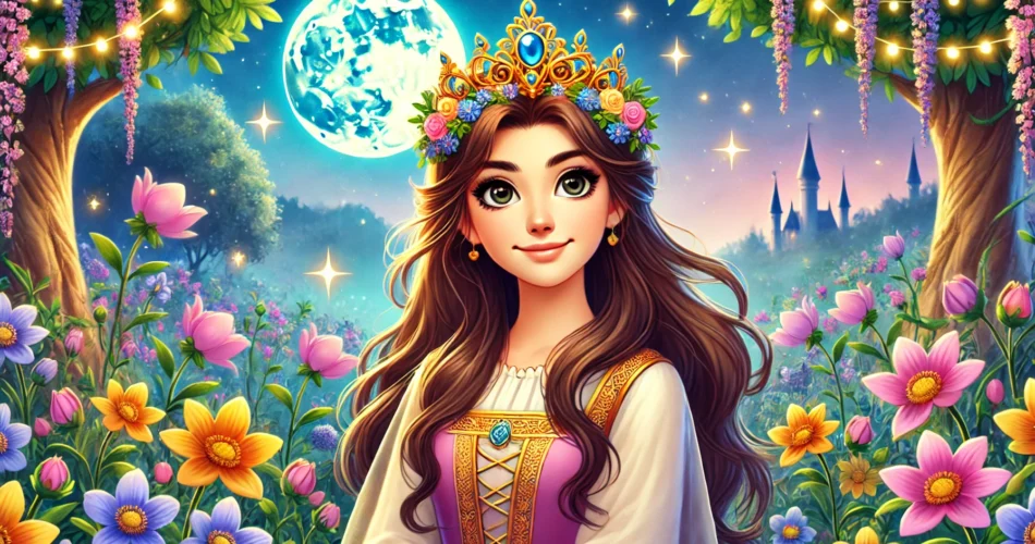 DALL·E 2024 12 25 02.47.11 A beautiful princess named Elif standing in a magical garden with a glowing crown on her head. The scene is filled with vibrant flowers and a radiant
