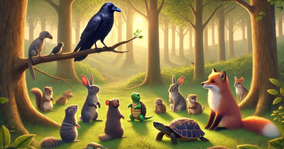 DALL·E 2024 12 25 02.56.52 A serene forest clearing with a wise crow perched on a branch teaching a group of young animals like a rabbit squirrel turtle and fox. The setting
