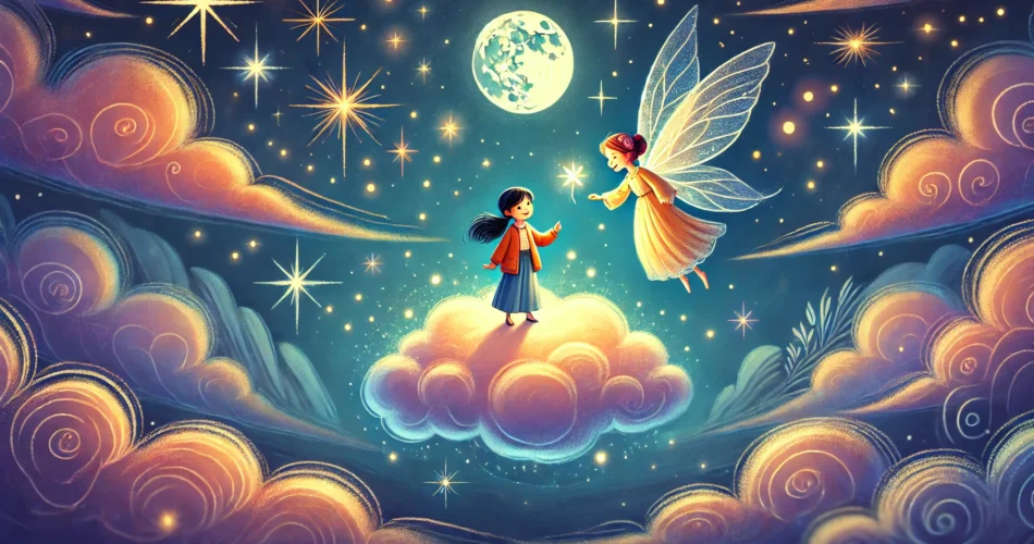DALL·E 2024 12 25 03.13.36 A dreamy night sky with a magical fairy guiding a young girl named Leyla on a glowing cloud. The sky is filled with shimmering stars a radiant moon