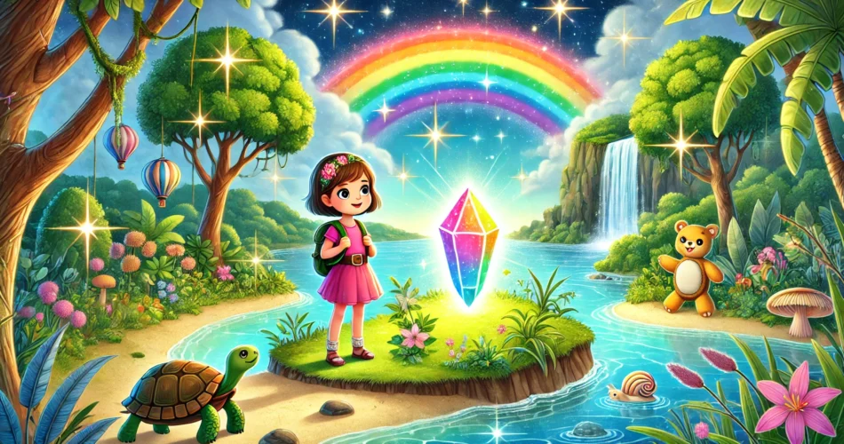 DALL·E 2024 12 25 11.30.11 An enchanting illustrator style scene of a young girl standing near a glowing rainbow crystal on a vibrant island. The background includes a lush gree