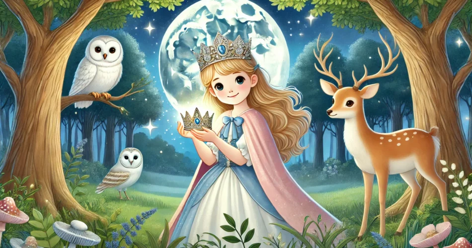 DALL·E 2024 12 25 11.34.44 An enchanting illustrator style scene of a young princess holding a glowing silver crown in a magical forest. The background features a full moon cast