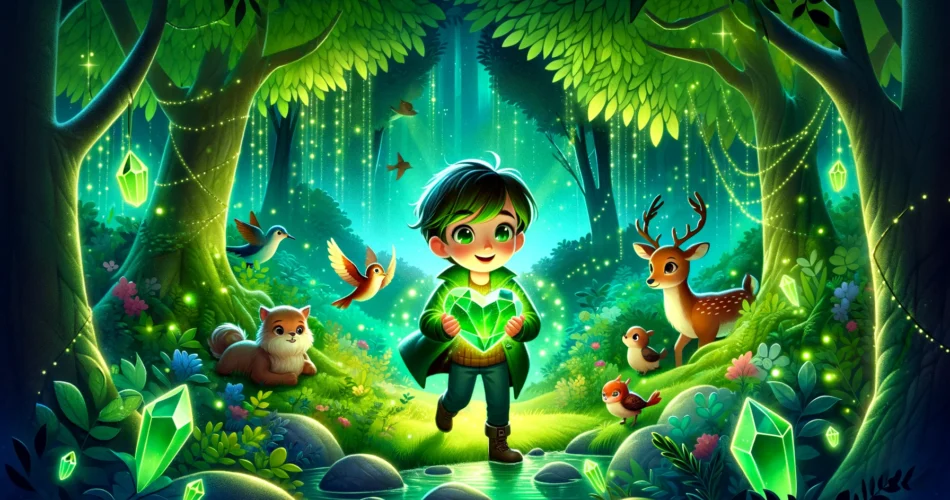 DALL·E 2024 12 25 11.50.14 An enchanting illustrator style scene of a young boy in a glowing emerald forest holding a luminous green heart shaped crystal. The forest is vibrant