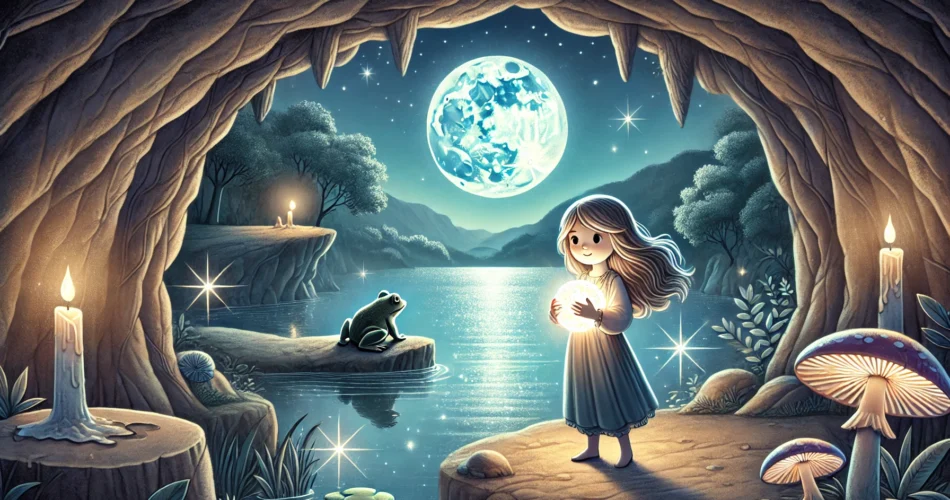 DALL·E 2024 12 26 12.14.20 An enchanting illustrator style scene of a young girl standing inside a glowing cave on a mystical lake island. She holds a luminous stone that emits