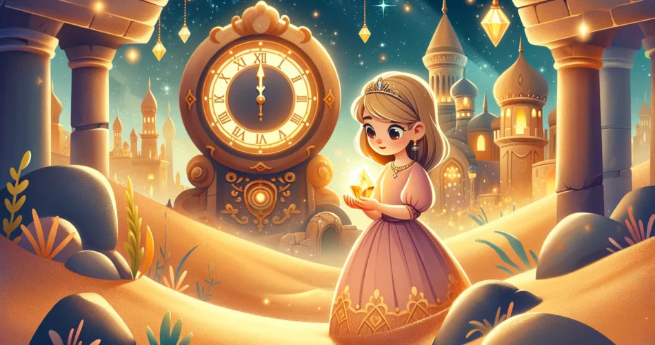 DALL·E 2024 12 26 12.29.06 An enchanting illustrator style scene of a brave princess standing near a giant glowing clock in a desert like magical kingdom made of sand. She holds