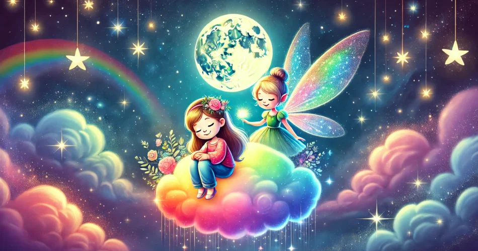 DALL·E 2024 12 26 13.36.59 A magical night sky scene featuring a young girl named Meryem sitting on a glowing rainbow colored cloud guided by a fairy with shimmering wings. The