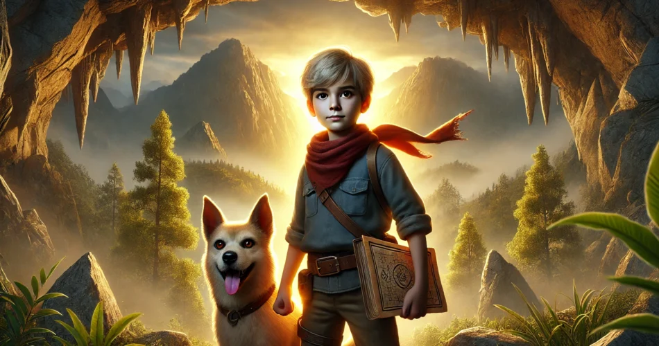 DALL·E 2024 12 26 13.38.29 A brave young boy named Ali with his loyal dog Karayel standing in front of a glowing cave entrance surrounded by tall mountains. Ali holds a mysteri