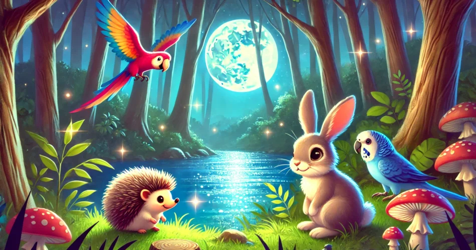 DALL·E 2024 12 26 13.40.04 A magical forest scene with three animal friends a quick rabbit a wise hedgehog and a cheerful parrot standing by a shimmering glowing lake under