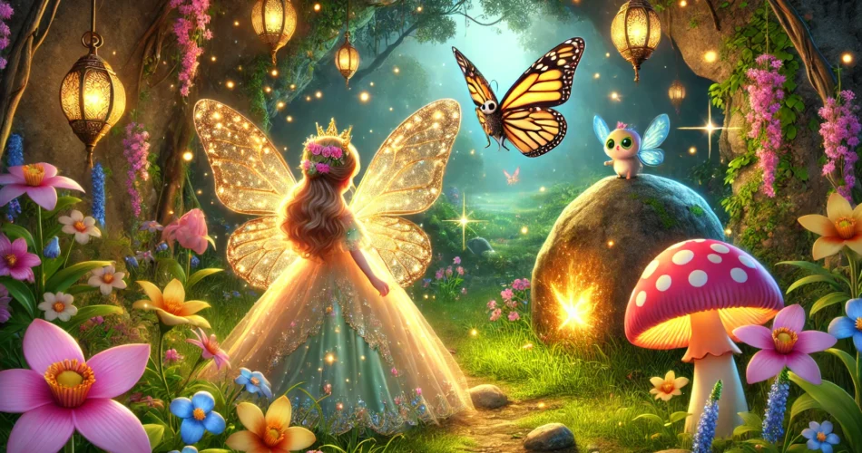DALL·E 2024 12 26 13.41.15 A magical meadow with a princess named Elif who has shimmering butterfly wings. She is accompanied by a glowing firefly and a vibrant butterfly stand
