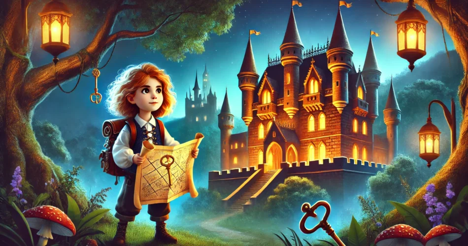 DALL·E 2024 12 27 12.50.42 A brave young girl named Zeynep standing in front of an ancient glowing castle with a map in her hand and a mysterious key at her feet. The scene is