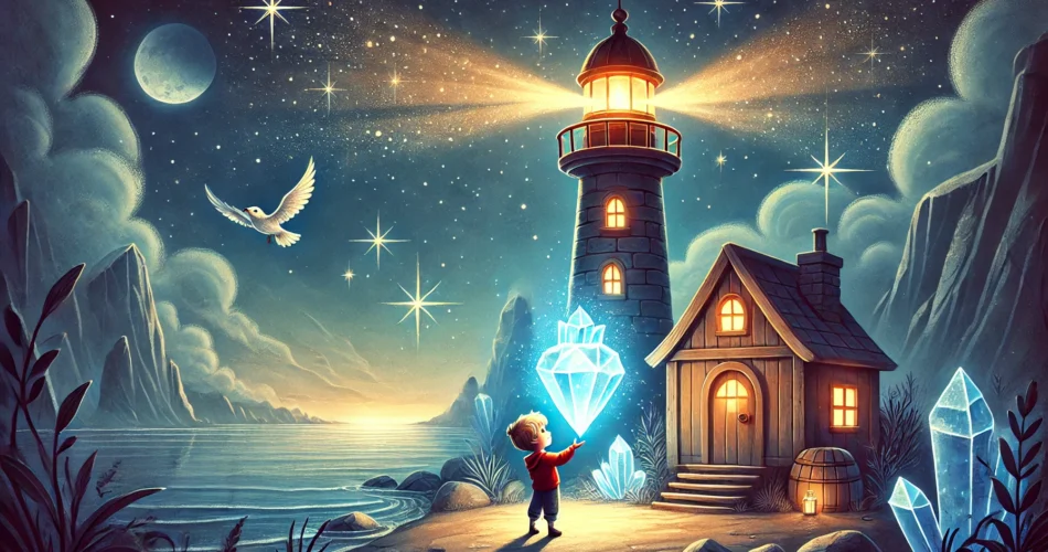 DALL·E 2024 12 27 13.01.52 An enchanting illustrator style scene of a young boy standing beside a glowing lighthouse at night holding a radiant crystal shaped like a heart. The