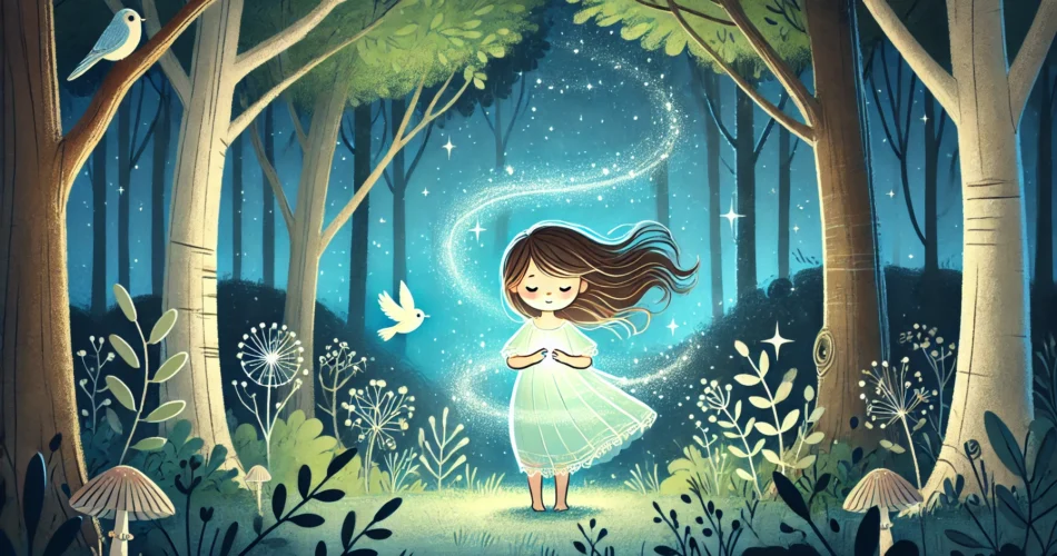 DALL·E 2024 12 27 13.09.25 An enchanting illustrator style scene of a young girl standing in a magical forest at night holding a glowing crystal that emits soft wind like light
