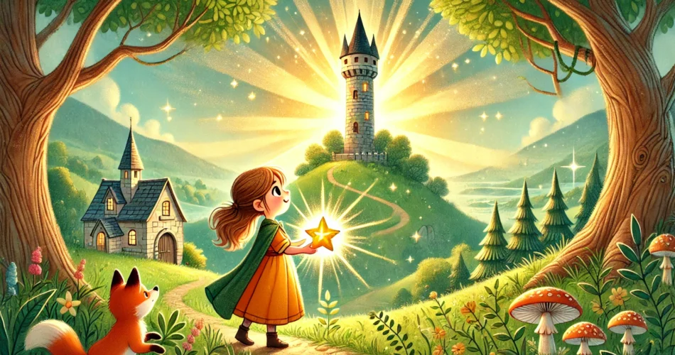 DALL·E 2024 12 27 13.17.59 An enchanting illustrator style scene of a young girl standing near a tall glowing tower on a hill. She holds a radiant golden stone in her hands an