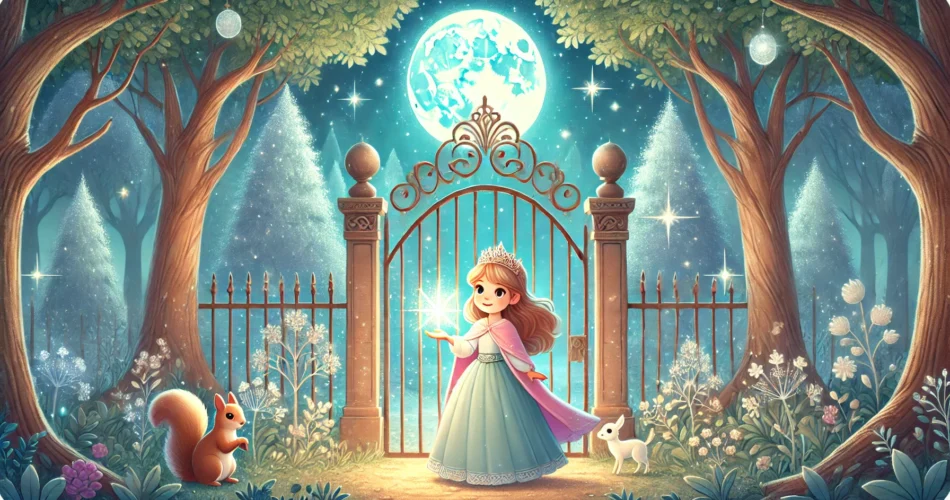 DALL·E 2024 12 27 13.26.52 An enchanting illustrator style scene of a young princess standing before a glowing moonlit gate in a magical valley. She holds a radiant crystal that