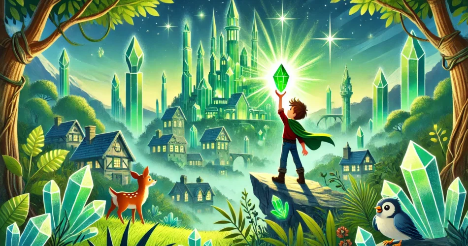 DALL·E 2024 12 27 13.33.48 An enchanting illustrator style scene of a young boy standing in a vibrant emerald city holding a glowing green crystal above a magical flame. The ci
