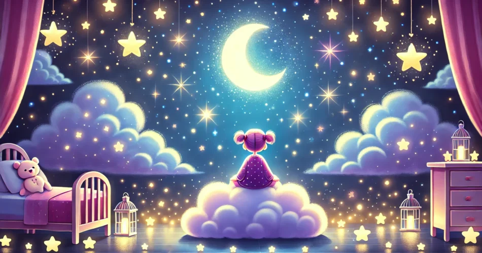 DALL·E 2024 12 28 01.00.45 A serene night sky scene with a young girl named Ece sitting on a glowing cloud surrounded by twinkling stars and a gentle moonlight. The stars are v