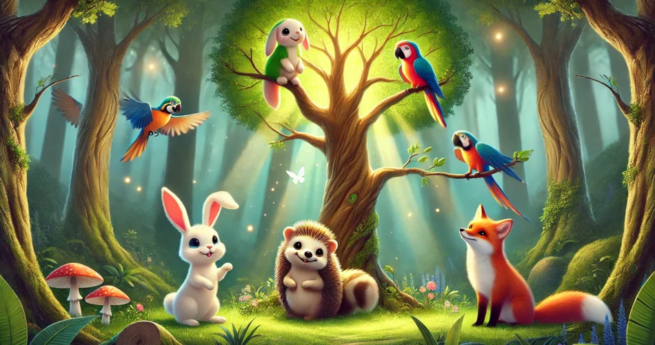 DALL·E 2024 12 28 01.03.44 A magical forest scene with a tall glowing friendship tree surrounded by four animals a cheerful rabbit a wise hedgehog a vibrant parrot and a cl