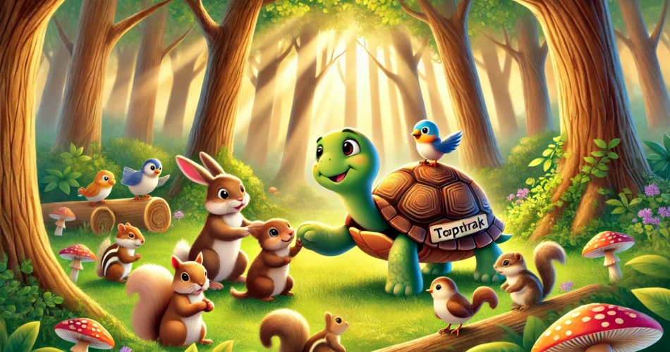 DALL·E 2024 12 28 01.14.50 A serene forest scene featuring a young turtle named Toprak helping other animals like a rabbit squirrel and a bird during a magical competition. Th