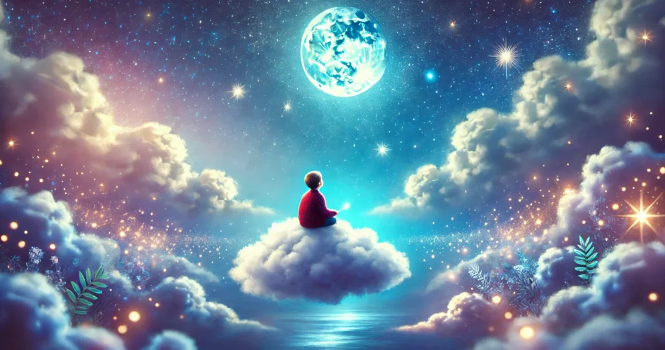 DALL·E 2024 12 28 01.17.12 A serene night sky scene with a young child named Deniz sitting on a glowing cloud surrounded by twinkling stars and a gentle moonlight. The atmosphe