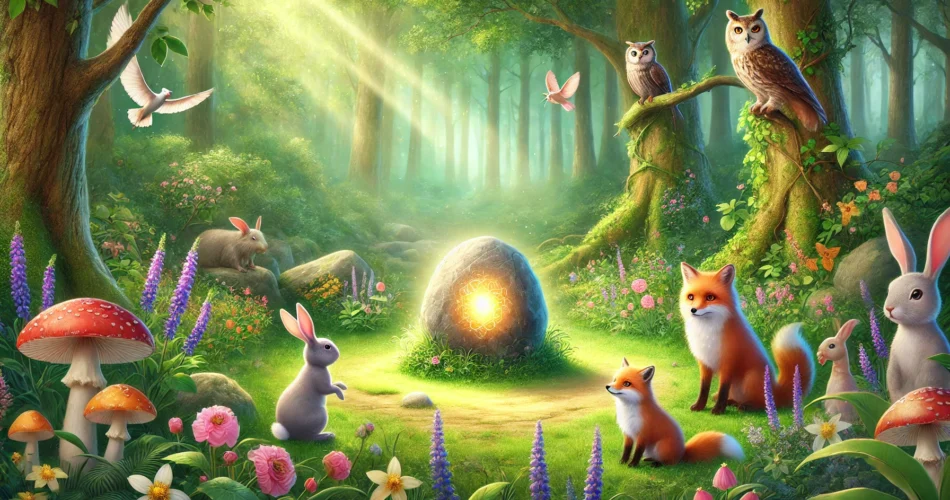 DALL·E 2024 12 28 01.17.54 A lush and magical forest scene where a glowing stone called the Song Stone rests in a serene clearing surrounded by colorful flowers and animals like
