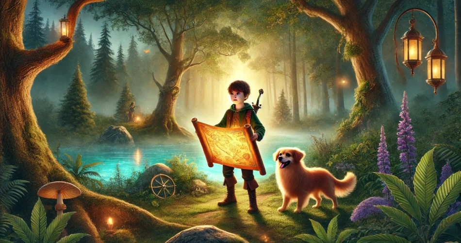 DALL·E 2024 12 28 01.23.09 A magical forest scene with a brave young boy named Orhan holding an ancient glowing map and accompanied by his loyal dog Pamuk. The forest is filled