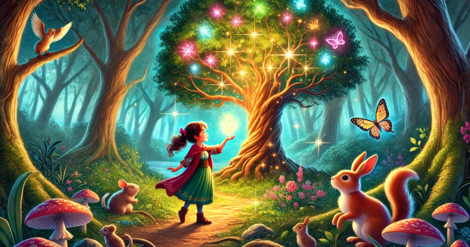 DALL·E 2024 12 28 01.26.01 A magical forest scene with a glowing friendship tree at the center surrounded by a young girl named Zeynep holding three sparkling seeds. The forest