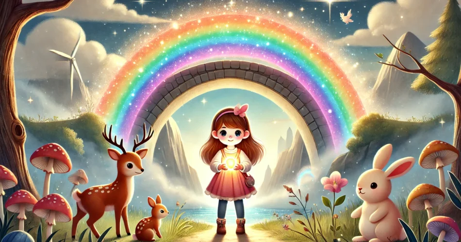 DALL·E 2024 12 28 12.19.47 An enchanting illustrator style scene of a young girl standing at the base of a glowing rainbow bridge that arches into the sky. She holds a radiant