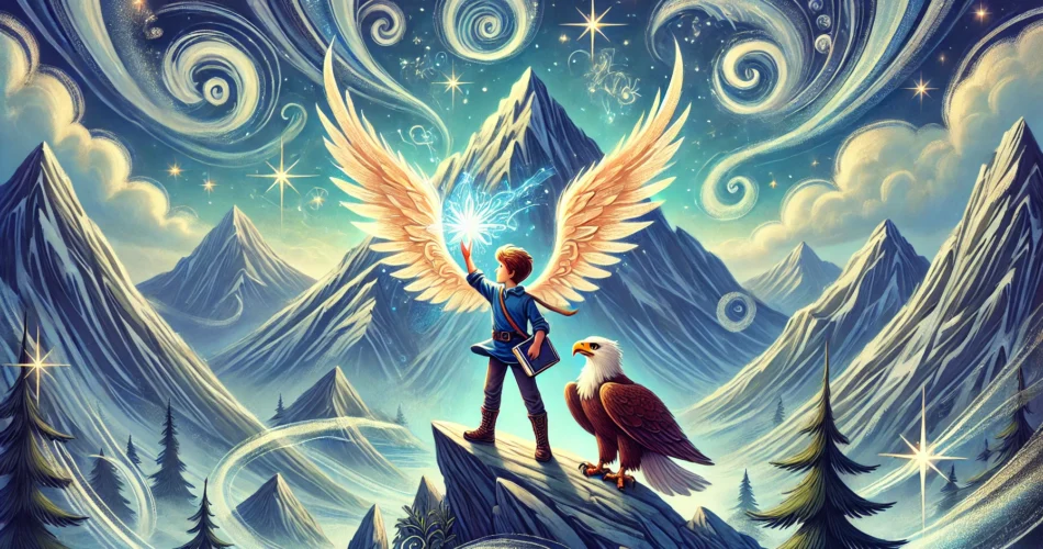 DALL·E 2024 12 28 12.32.21 An enchanting illustrator style scene of a young boy standing at the peak of a majestic mountain holding a glowing wing shaped artifact. The sky is f