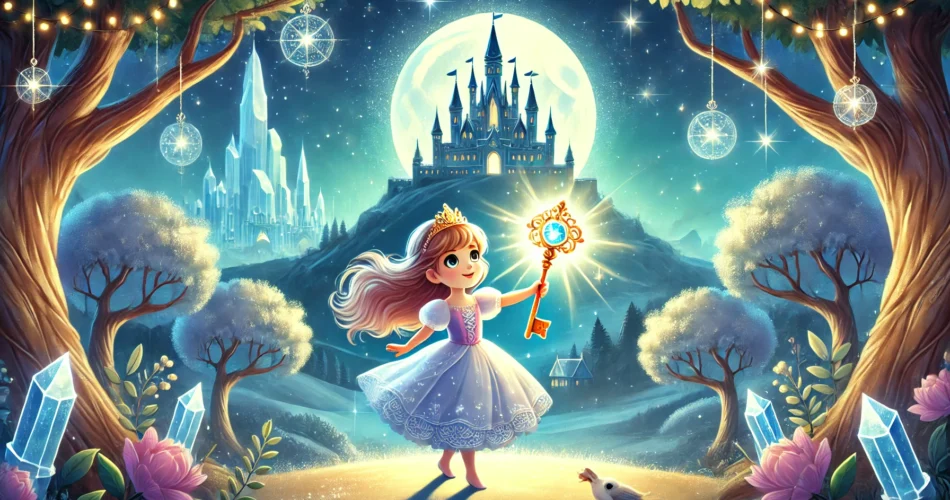 DALL·E 2024 12 28 12.35.16 An enchanting illustrator style scene of a young princess standing on a glowing hill under a moonlit sky. She holds a radiant key that emits magical l